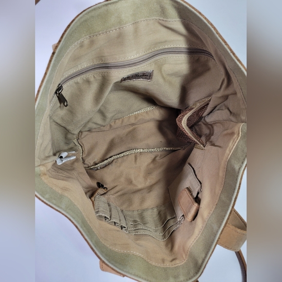 Vintage LL Bean Tan Leather Green Cotton Canvas Buckle Shoulder Bag Tote - Picture 2 of 6